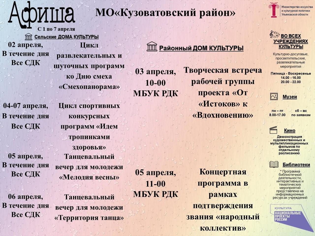Афиша мероприятий с 1 по 7 апреля.